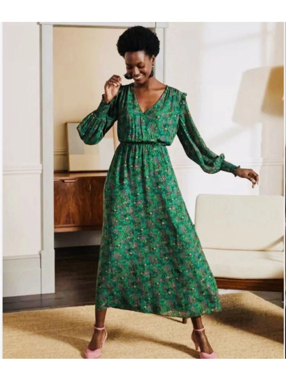 Boden Green Floral V-Neck Long Sleeve Maxi Dress